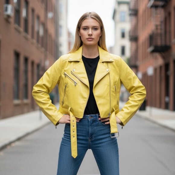 AVEC LES FILLES STUNNING SEXY SOFT YELLOW PLEATHER MOTO MOTORCYCLE JACKET XS S - Picture 1 of 4